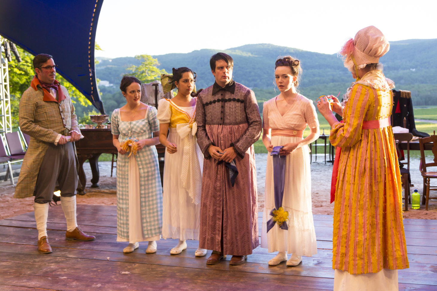 HVSF's 2017 Production of PRIDE AND PREJUDICE. From left to right: Chris Thorn, Kate Hamill, Kimberly Chatterjee, John Tufts, Amelia Pedlow, and Nance Williamson.