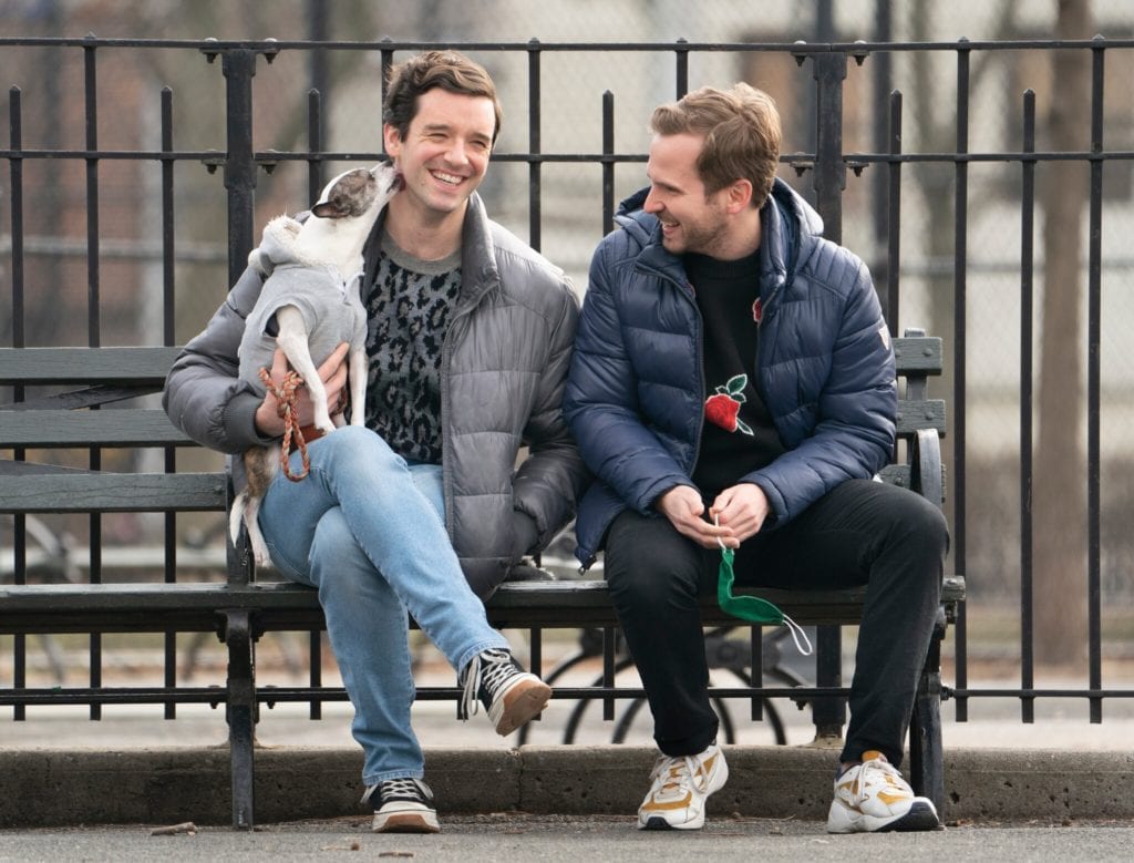 Michael Urie, left, and Ryan Spahn have acted together in one short play during the pandemic. Spahn also handled the camera for Urie’s performance of “Buyer & Cellar” from their apartment.Credit...Sara Krulwich/The New York Times