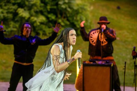 Stephen Michael Spencer, Sarin Monae West, and Mark Martin in HVSF's 2024 production of Medea: Re-Versed- Photo by Gabe Palacio