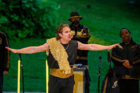 Stephen Michael Spencer, Mark Martin, and Jacob Ming Trent in HVSF's 2024 production of Medea: Re-Versed- Photo by Gabe Palacio