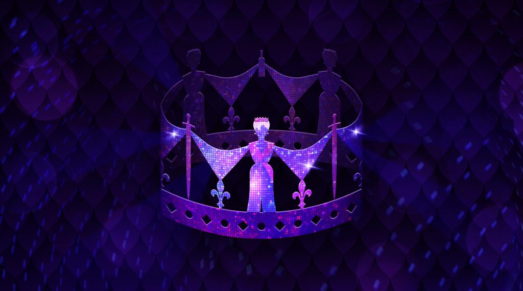 purple and blue crown icon with disco tile detailing in front of an armor-inspired disco background