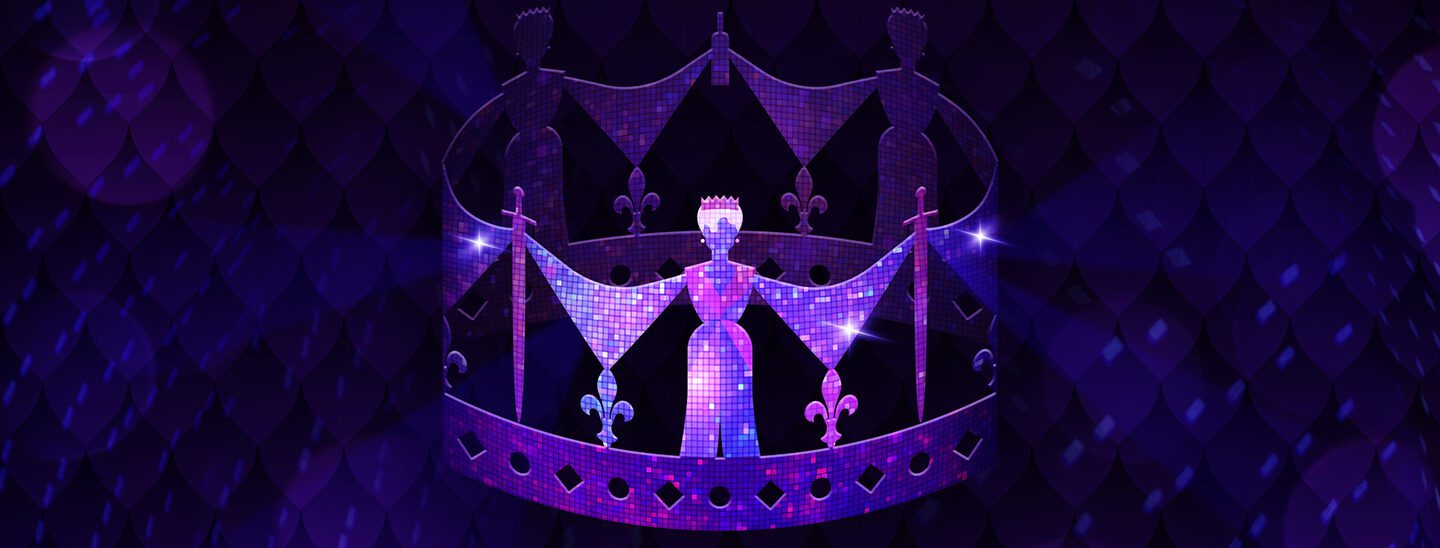 purple and blue crown icon with disco tile detailing in front of an armor-inspired disco background