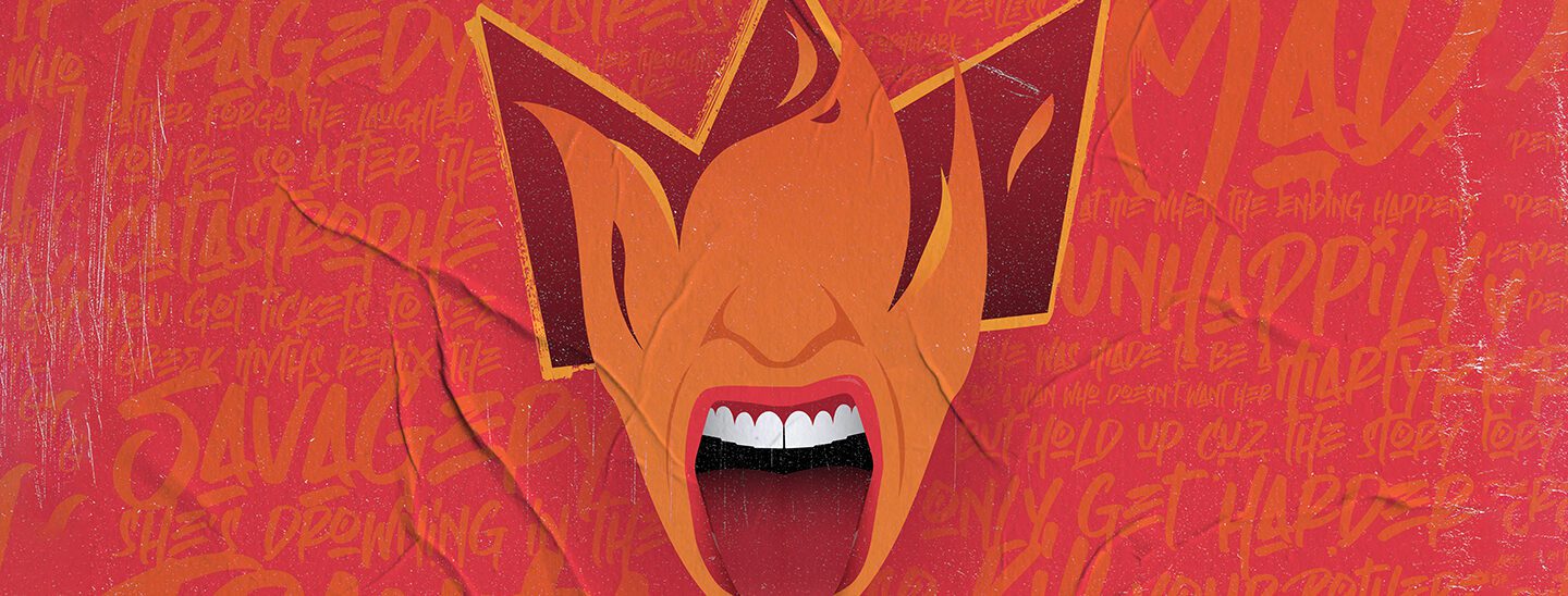 orange icon of woman screaming with no eyes. Her hair is flames and there is a Basqiat-style crown behind her head. The background is graffiti-style text from the prologue of the play.