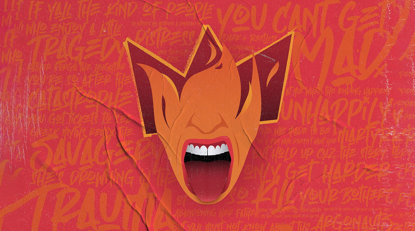 orange icon of woman screaming with no eyes. Her hair is flames and there is a Basqiat-style crown behind her head. The background is graffiti-style text from the prologue of the play.